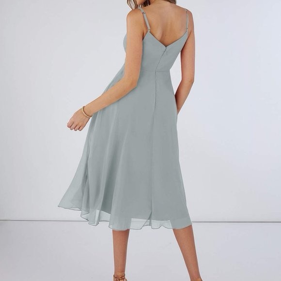 Azazie Clarissa  A Line Chiffon Tea Length Dress Dolphin Grey Sz A6 NWT - Picture 2 of 15